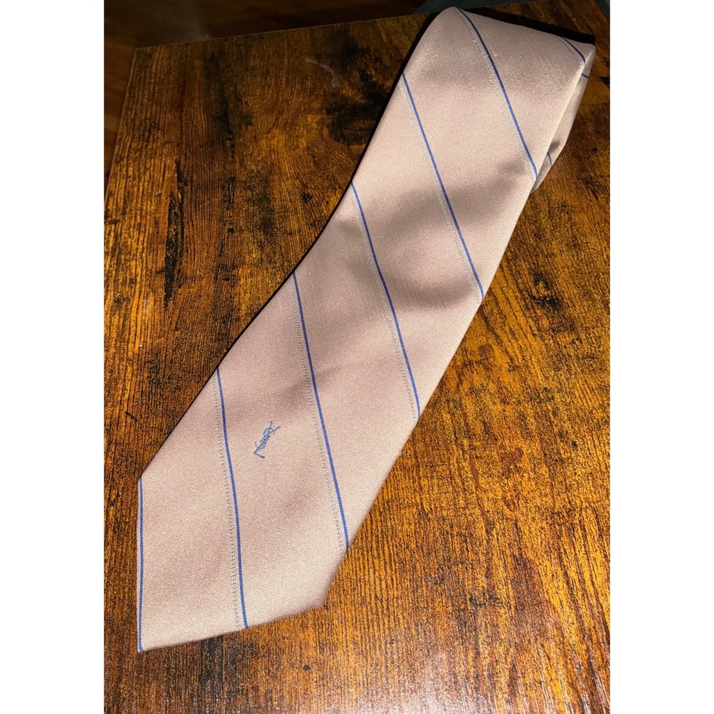 Yves Saint Laurent Vintage Silk Tie Tan Blue Diagonal Stripe YSL Logo Necktie